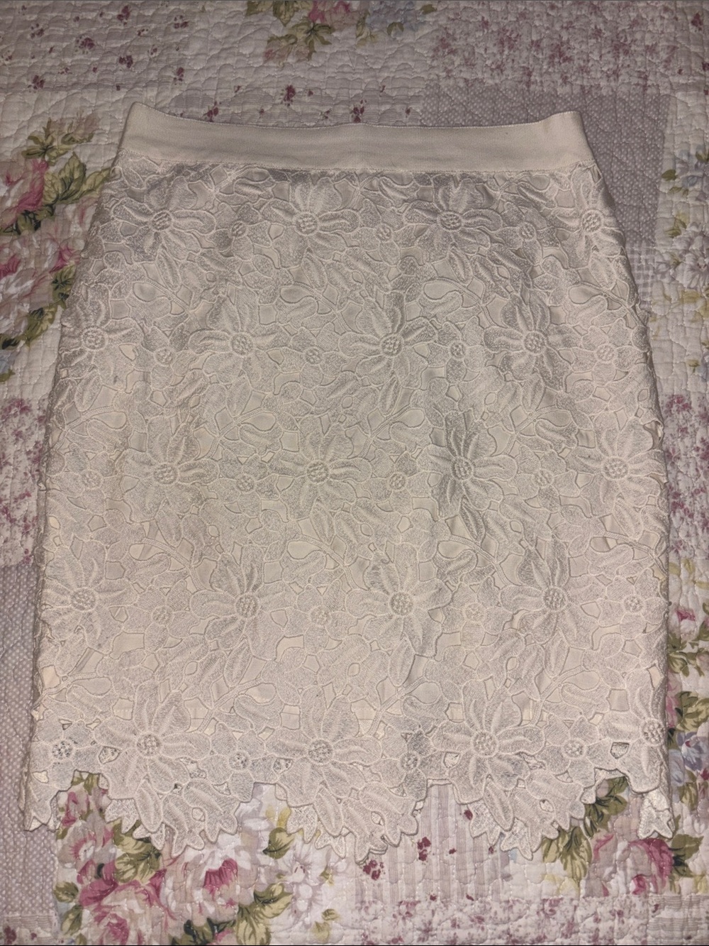 LOFT Ivory Floral Lace Pencil Skirt